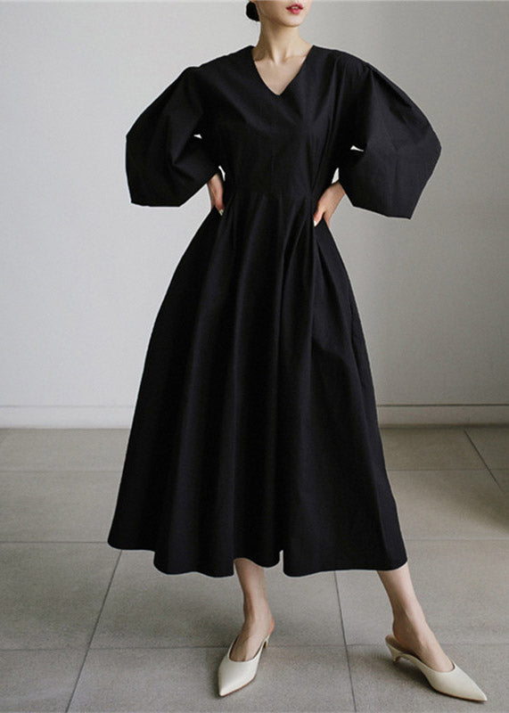 Lantern Cotton Vacation Dress Wrinkled Sleeve Black Pockets