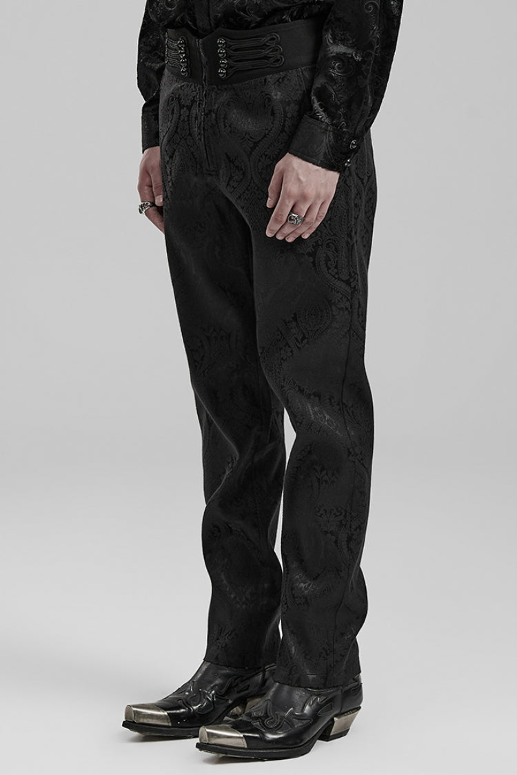 Men's Gothic Pants with Floral Print Decal and Decoration in Black Jacquard