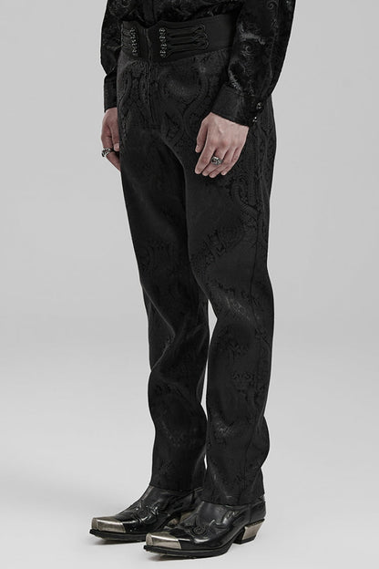 Men's Gothic Pants with Floral Print Decal and Decoration in Black Jacquard
