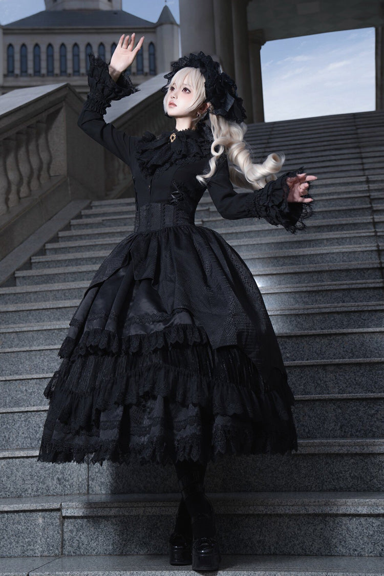 Ebony Layered Lace-Trimmed Open Front Gothic Petticoat Skirt - Immortality Taboo