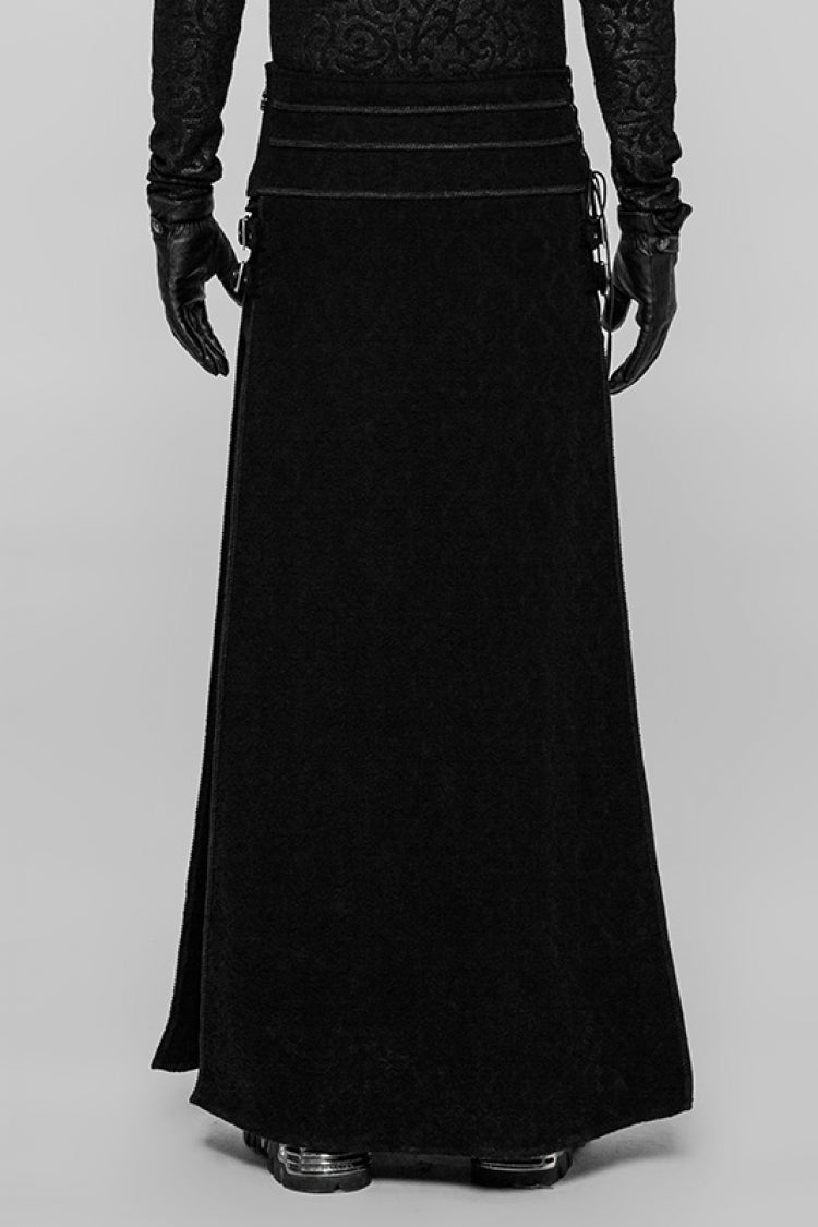 Men's Steampunk Vintage Skirt with Embroidery and Metal Buckle in Black Jacquard