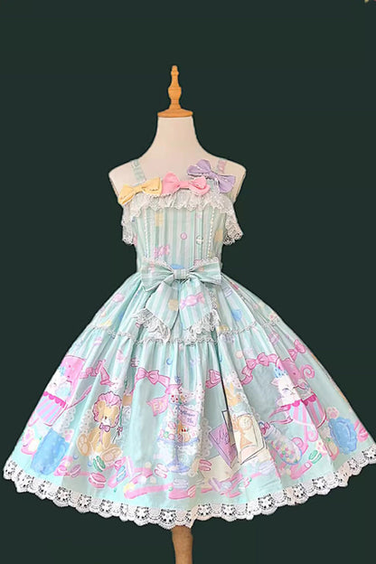 Emerald Macaron Dolly Sleeveless Bowknot Printed Sweet JSK