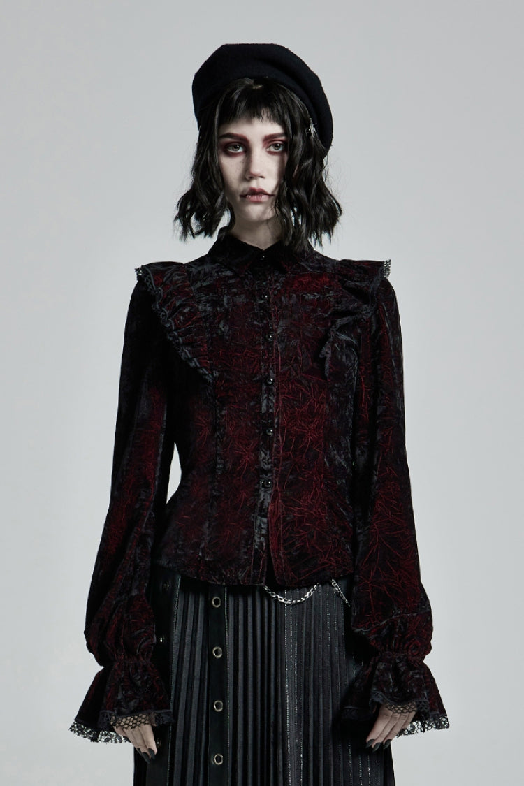 Crimson & Obsidian Stand Collar Floral Embroidery Lace Gothic Blouse
