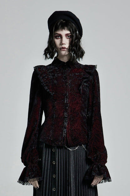Crimson & Obsidian Stand Collar Floral Embroidery Lace Gothic Blouse