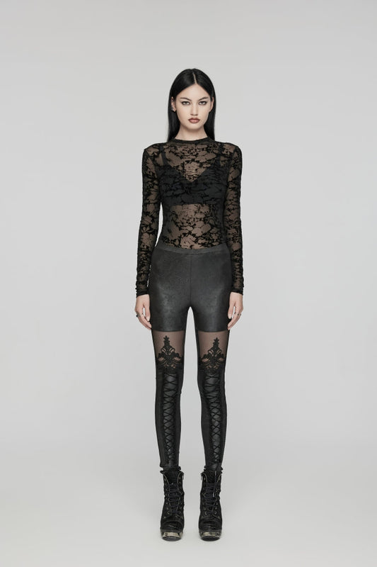 Spliced Sheer Embroidered Gothic Leggings for Women