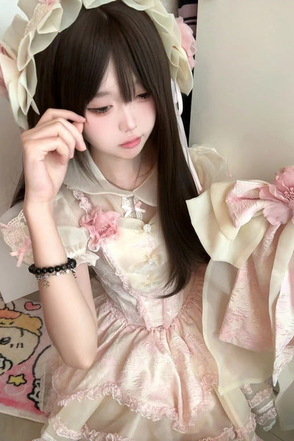Blush Ruffle Bow Lace Princess Dress with Elegant Hanayome Details - Jasmine Rain