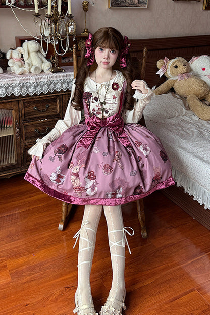 Crimson Sleeveless Sweet Lolita JSK with Rabbit Print and Bowknot