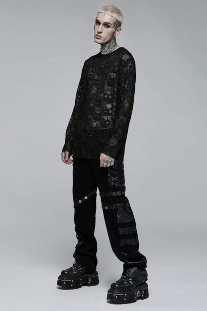 Nocturnal Skull-Print Sheer Mesh Tee for Men with Extended Sleeves