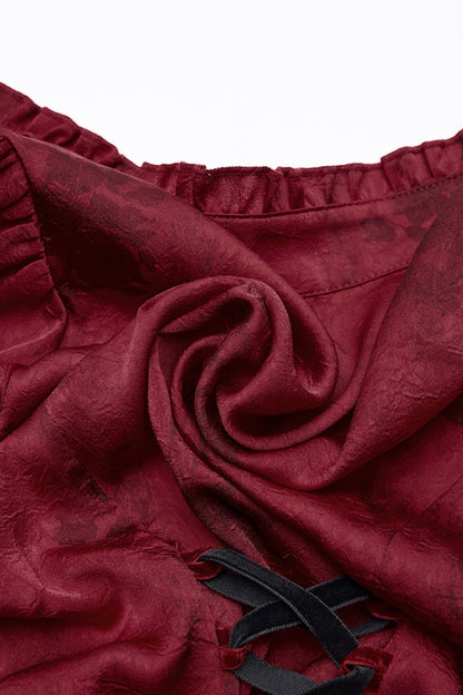 Crimson High-Neck Gothic Ruffled Blouse with Puffed Sleeves and Lace