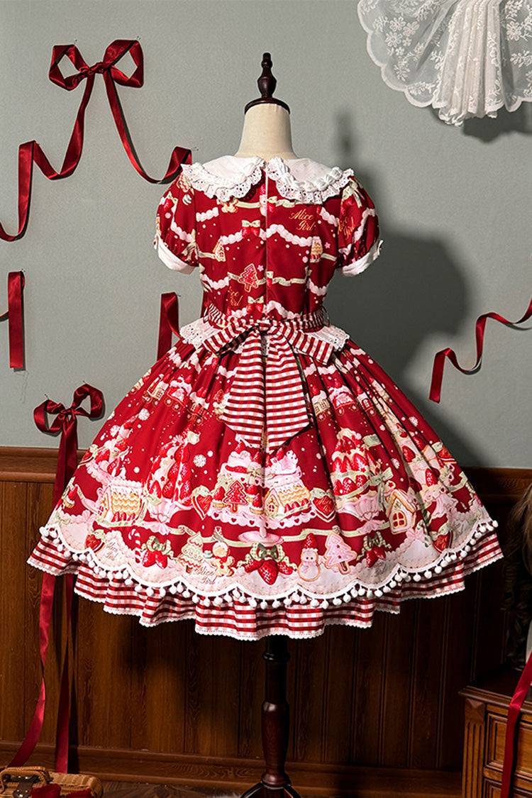 Doll Collar Short Sleeve Print Ruffle Bowknot Sweet Lolita Dress with Strawberry Dessert - 4 Colors