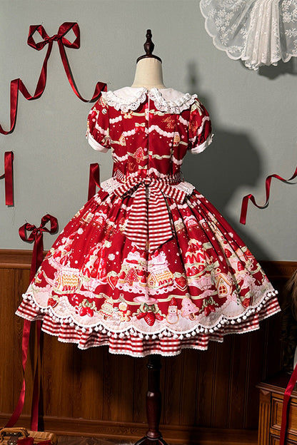 Doll Collar Short Sleeve Print Ruffle Bowknot Sweet Lolita Dress with Strawberry Dessert - 4 Colors
