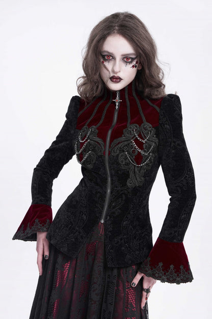Crimson & Obsidian Stand Collar Long Trumpet Sleeves Embroidery Gothic Jacket