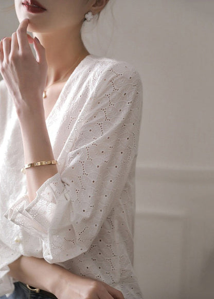 Flare Out French Hollow White V Embroidered Neck Cotton Top