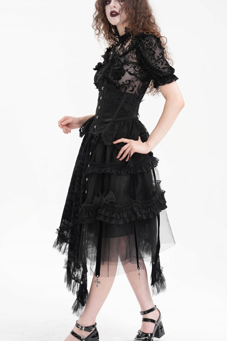 Gothic Luxurious Asymmetric Pleated Skirt with Black Jacquard Cut-Out Lace