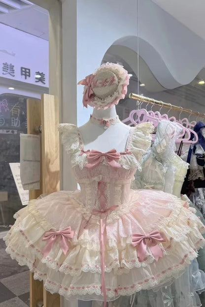 Blush Double-Layered Ruffle Bow Lace-Up Ballerina JSK - Flory Butterfly