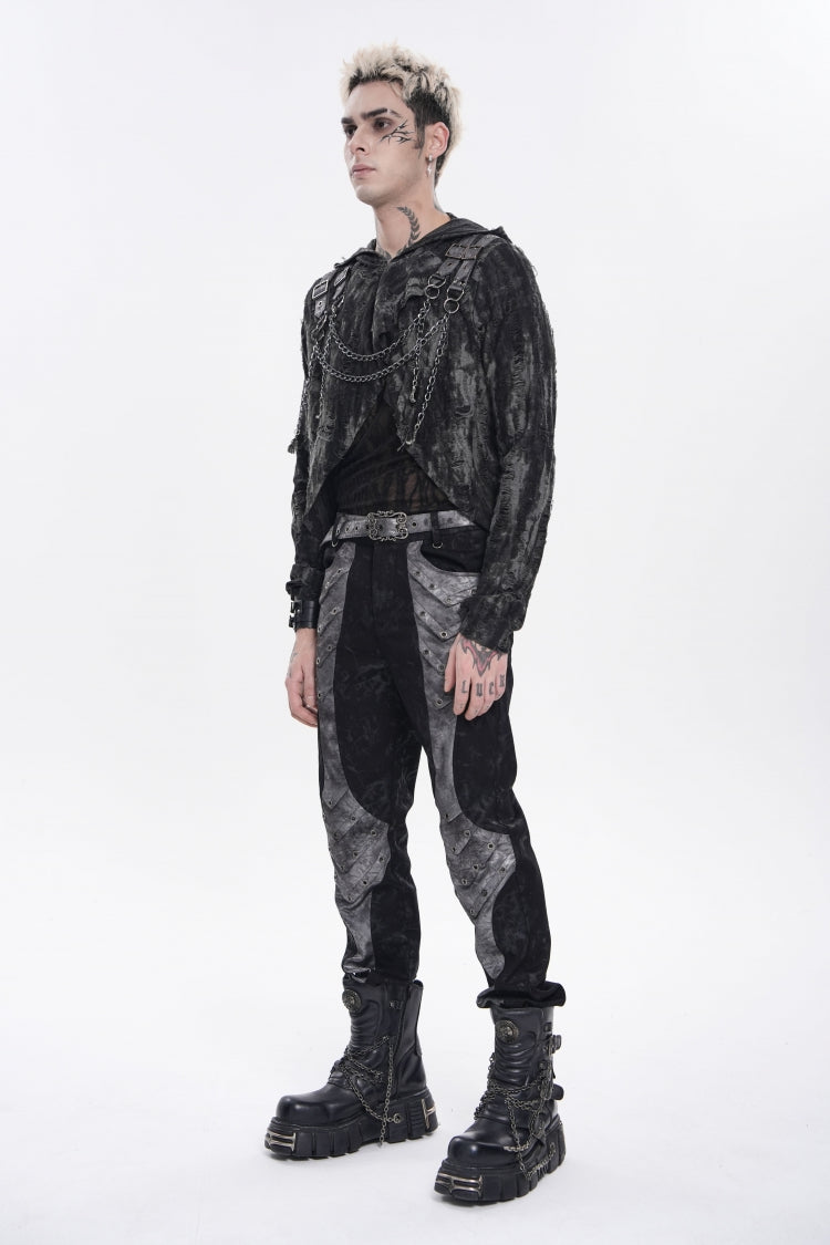 Ebony Long-Sleeve Hooded Sheer Ripped Faux Two-Piece Zip Eyelet Punk Tee