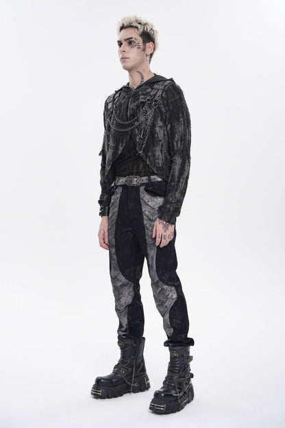 Ebony Long-Sleeve Hooded Sheer Ripped Faux Two-Piece Zip Eyelet Punk Tee
