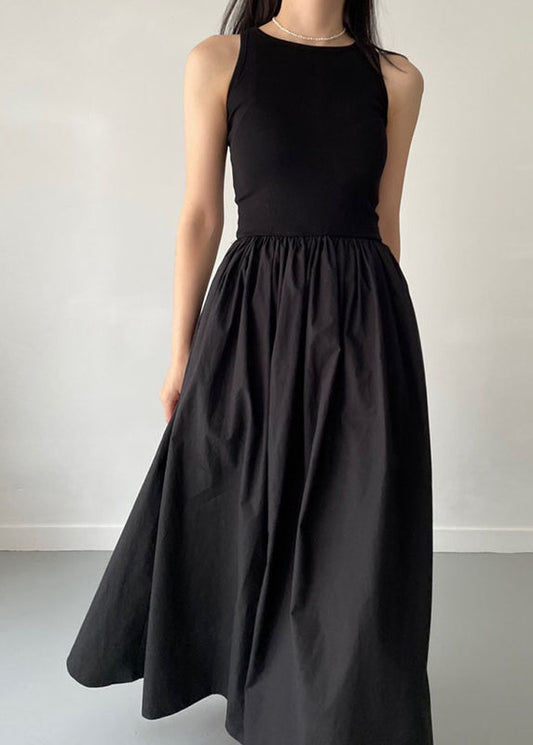 Patchwork Cotton Large Exra Party Hem Dress Sleeveless Black