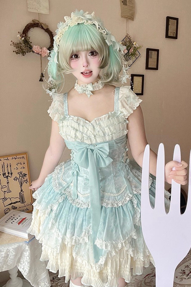 Emerald Short Sleeve Multi-Layer Ruffle Embroidery Bow Lace-Up Sweet Elegant Ballet Lolita Jumper Dress