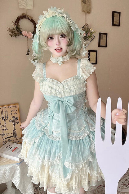 Emerald Short Sleeve Multi-Layer Ruffle Embroidery Bow Lace-Up Sweet Elegant Ballet Lolita Jumper Dress