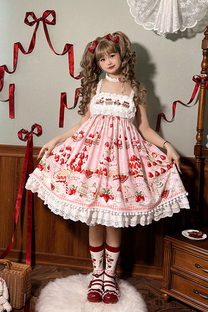 High Waisted Ruffle Bowknot Sweet Lolita JSK Dress with Strawberry Dessert Print - 4 Colors