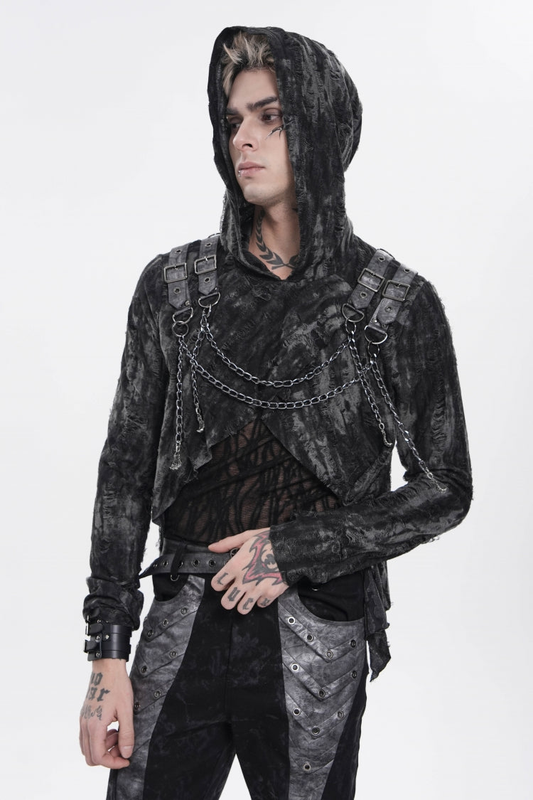 Ebony Long-Sleeve Hooded Sheer Ripped Faux Two-Piece Zip Eyelet Punk Tee