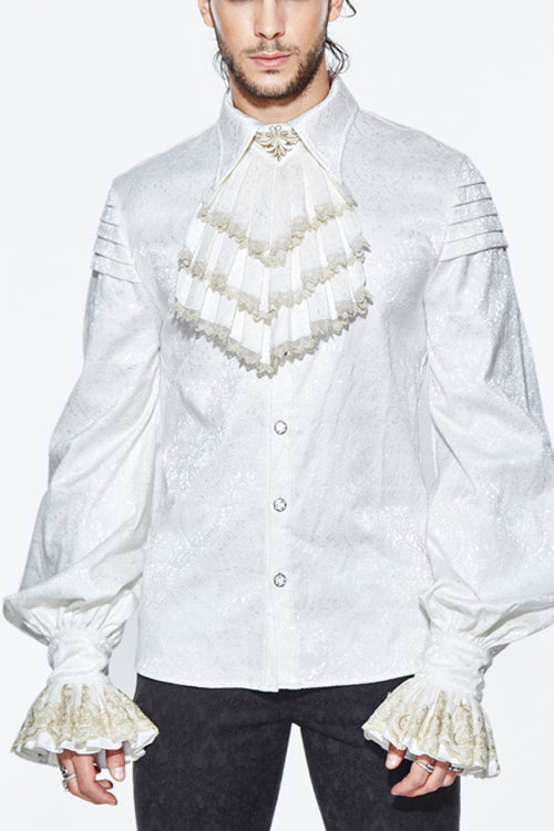Gothic Men's Blouse with Embroidered Ruffled Sleeves & Jacquard Detail, Cream