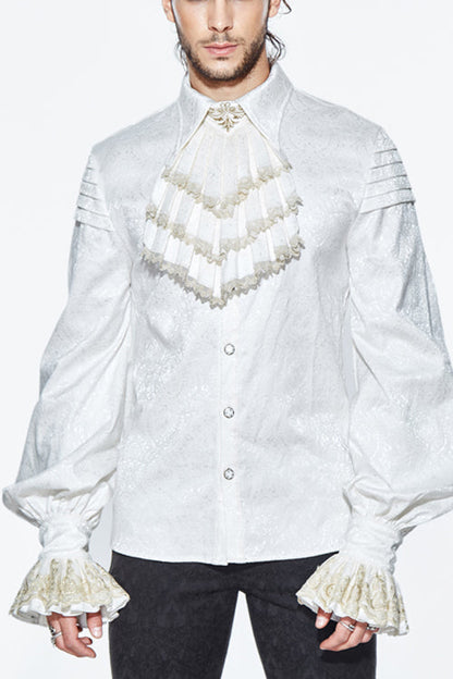 Gothic Men's Blouse with Embroidered Ruffled Sleeves & Jacquard Detail, Cream