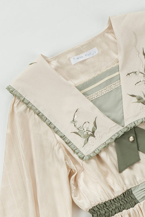 Long Sweet Lolita OP Dress with Embroidered Large Lapel Collar & High Waist, Cream