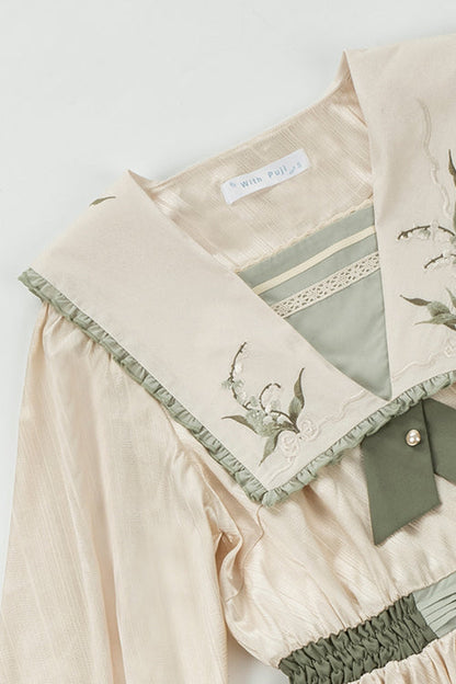 Long Sweet Lolita OP Dress with Embroidered Large Lapel Collar & High Waist, Cream