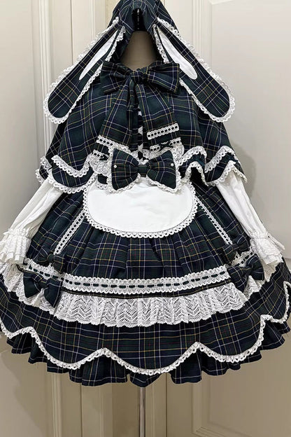 Emerald Gingham Petal Bunny Short-Sleeve Ruffled Bow OP Dress