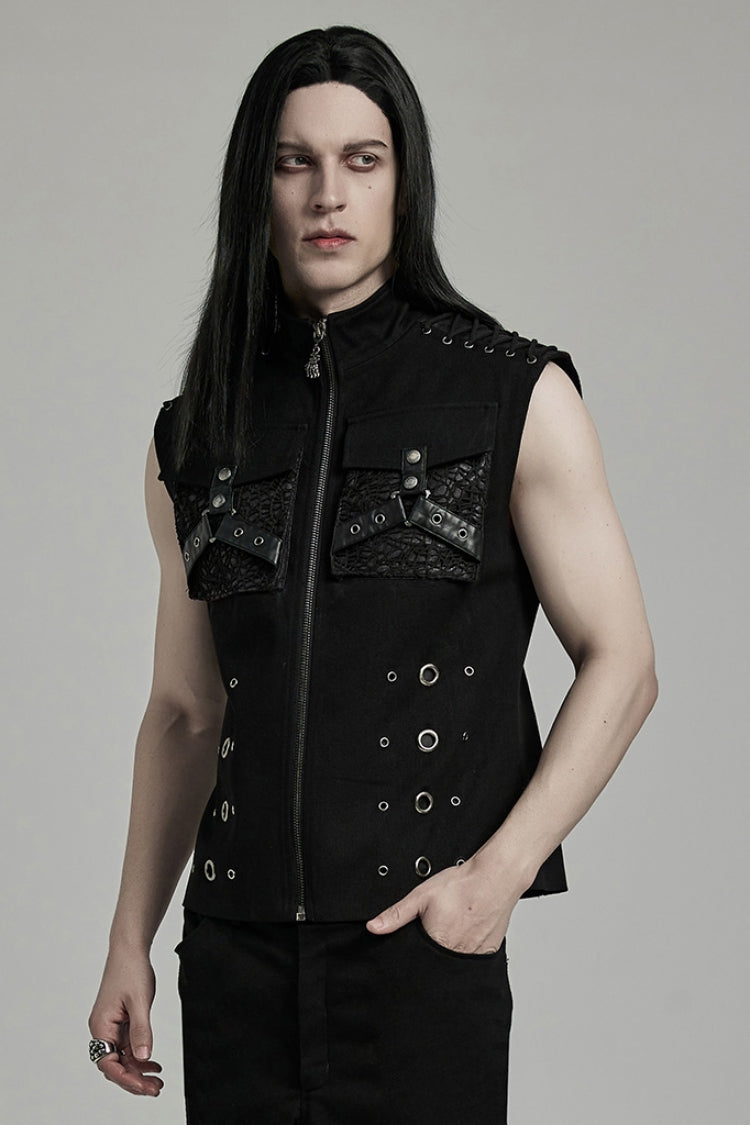 Slim-Fit Black Gothic Vest, Mandarin Collar with Stitch Detailing for Men