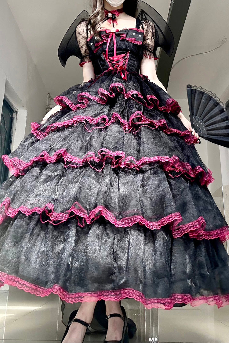 Crimson & Obsidian Short Sleeves Multi-Layered Ruffle Hanayome Bowknot Lace Plus Size Sweet Lolita Dress