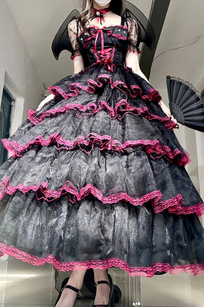 Crimson & Obsidian Short Sleeves Multi-Layered Ruffle Hanayome Bowknot Lace Plus Size Sweet Lolita Dress