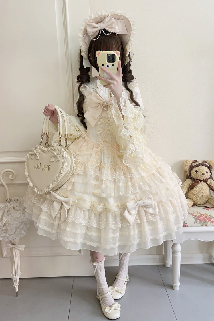 Sweet Princess Lolita Gown with Layered Bows & Lace Accents in Cream