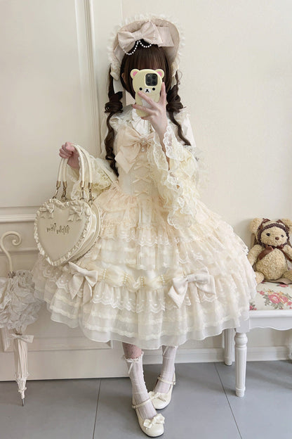 Sweet Princess Lolita Gown with Layered Bows & Lace Accents in Cream