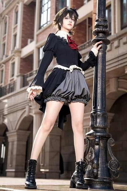 Prince Ouji Lolita Tailcoat Top and Shorts Set with Long Sleeves in Black