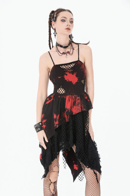 Crimson & Obsidian Sleeveless Irregular Mesh Tie Dye Punk Slip Dress