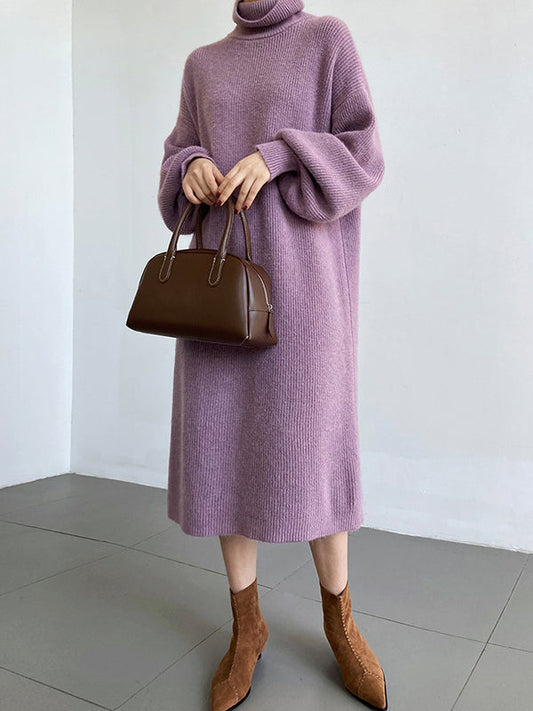 Robe pull ample à manches longues bouffantes et col montant violet Urban AN1052 