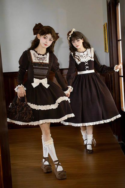 Rustic Brown Embroidered Ruffle Sleeve Sweet Lolita Gown - Miss Brown