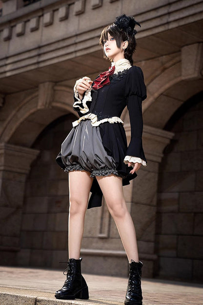 Prince Ouji Lolita Tailcoat Top and Shorts Set with Long Sleeves in Black