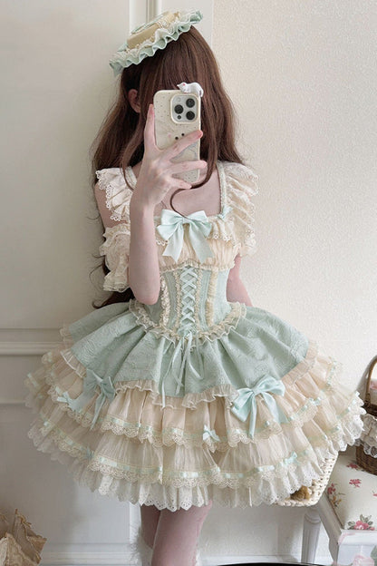 Emerald Double-Layer Ruffle Bow Lace Lace-Up Sweet Ballet Lolita Jumper Dress