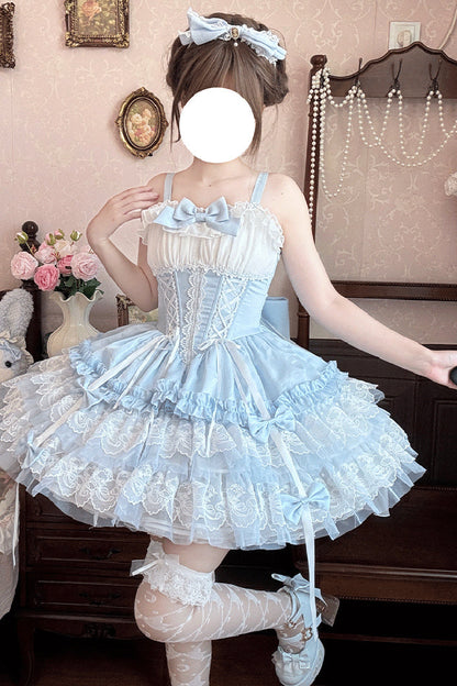 Azure Dance of Time Sleeveless Triple Ruffled Bow Lace-Up Sweet Ballet Lolita Jumper Dress
