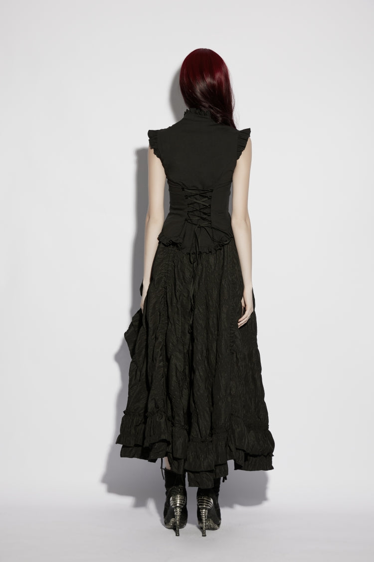 Elegant Black Gothic Blouse for Women, Ruffled with Embroidery and Lace-Up