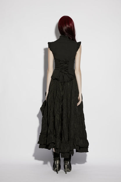 Elegant Black Gothic Blouse for Women, Ruffled with Embroidery and Lace-Up