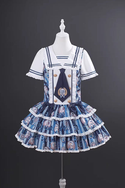 Glory of the Dog Navy Collar Low Waist Printed Ruffle Dress