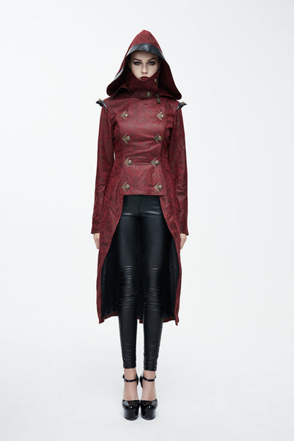 Crimson Punk Leather Coat with Asymmetric Hem and Long Back