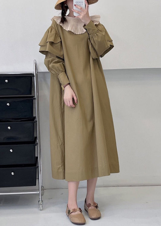 Loose Khaki Ruffled Tie Waist Cotton Dress Long Sleeve NN041