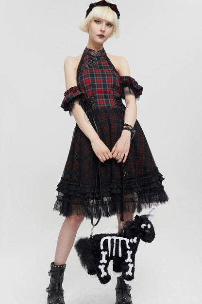 Crimson & Charcoal Punk Off-Shoulder Tartan Mandarin Collar Flared Hem Dress