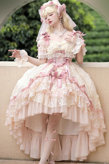 Blush Short Sleeves Jacquard Ruffled Cardigan Lace Dress